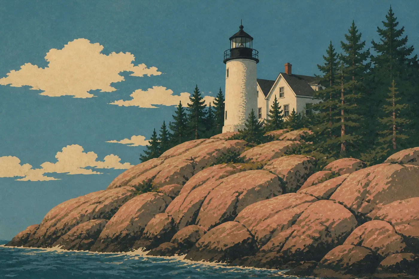 Screen-printed illustration: Bass Harbor Head Light on its granite promontory among the conifers of Mount Desert Island