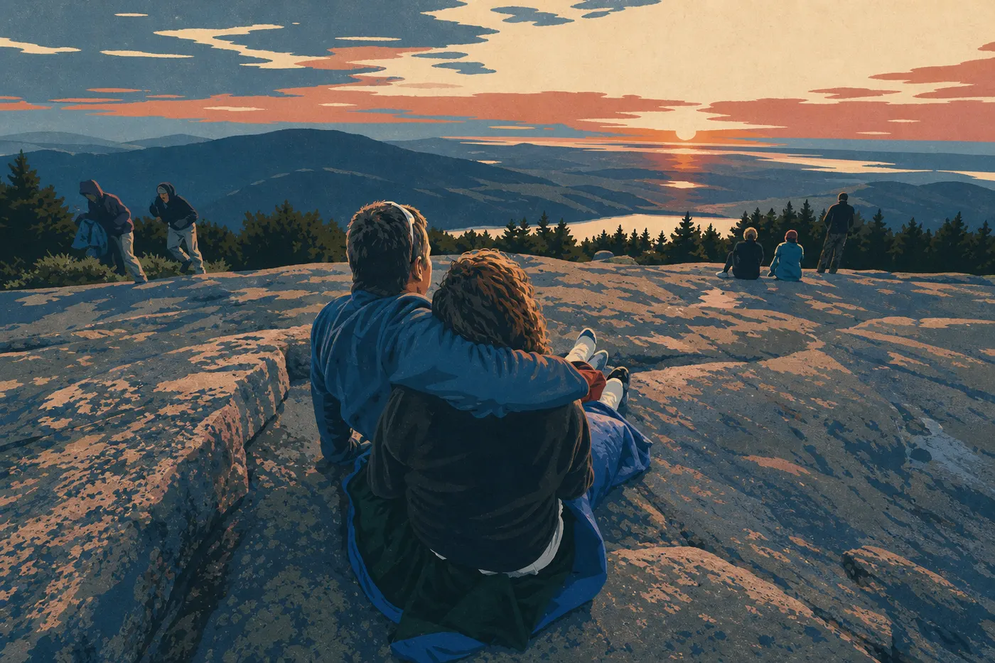 Illustration sérigraphiée : Lever de soleil depuis les dalles granitiques du sommet de Cadillac Mountain, avec îles et Atlantique à l’horizon