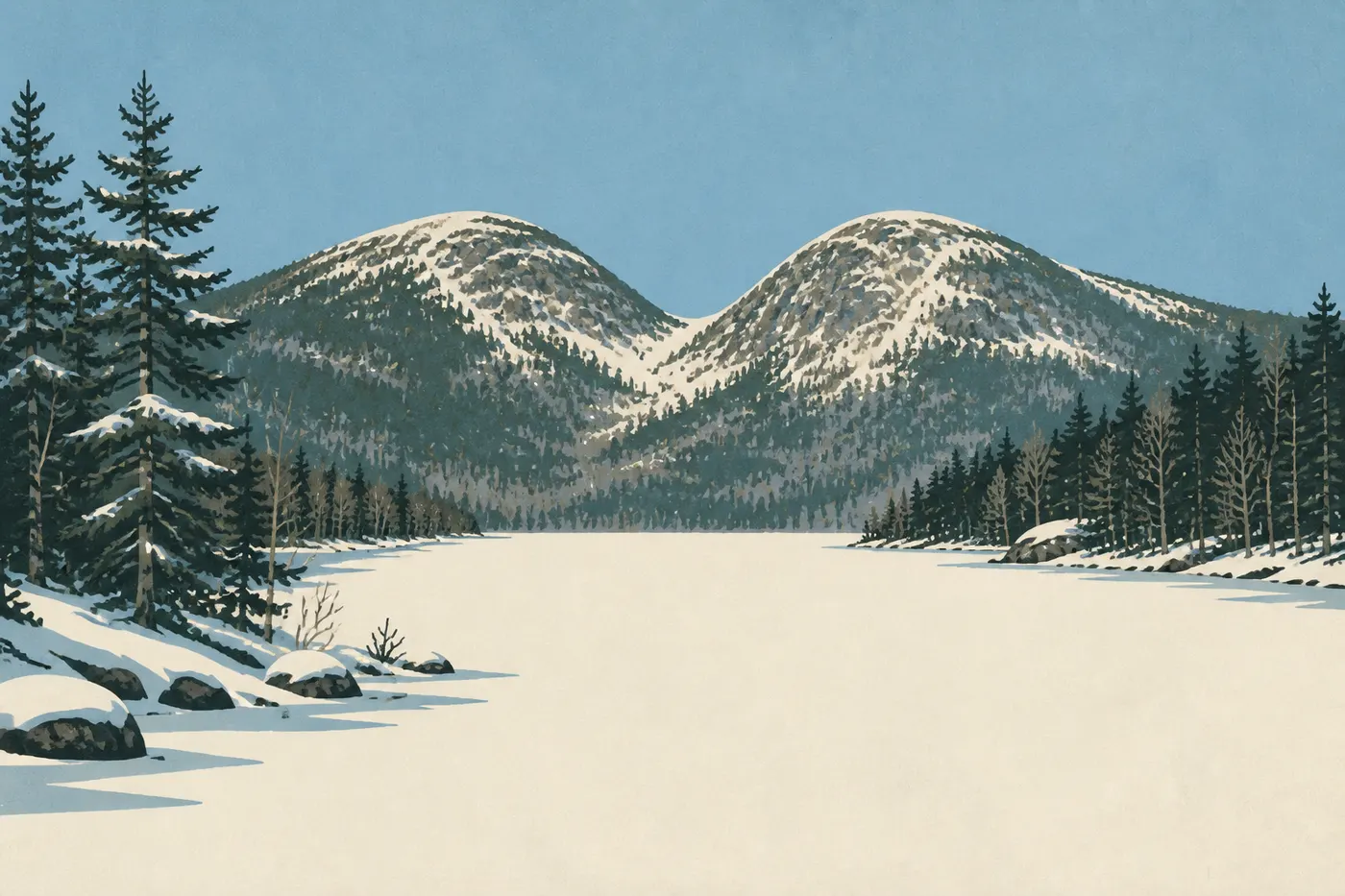 Screen-printed illustration: Jordan Pond frozen and covered with snow beneath the Bubbles on a clear winter day
