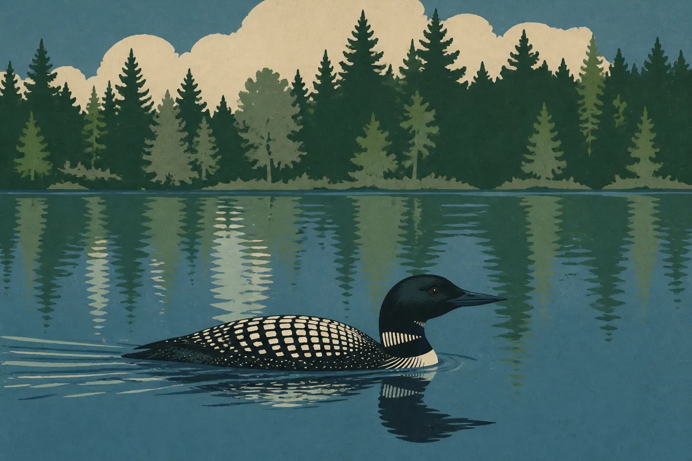 Screen-printed illustration: Adult common loon floating on the calm waters of a conifer-lined lake in Acadia.