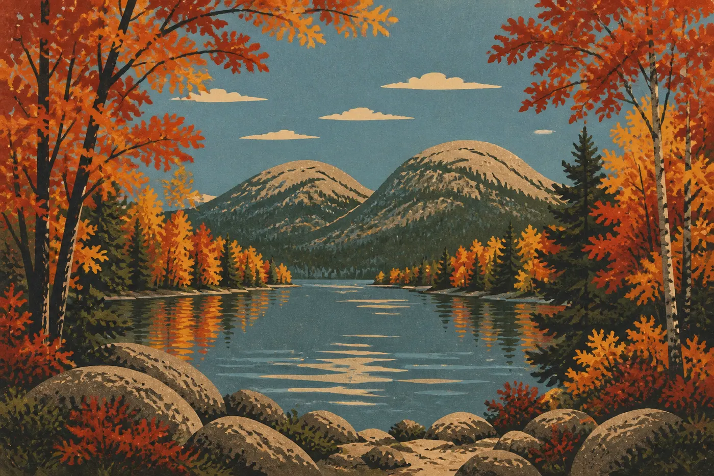 Illustration sérigraphiée : Feuillages rouges et dorés encadrant Jordan Pond et les deux sommets arrondis des Bubbles