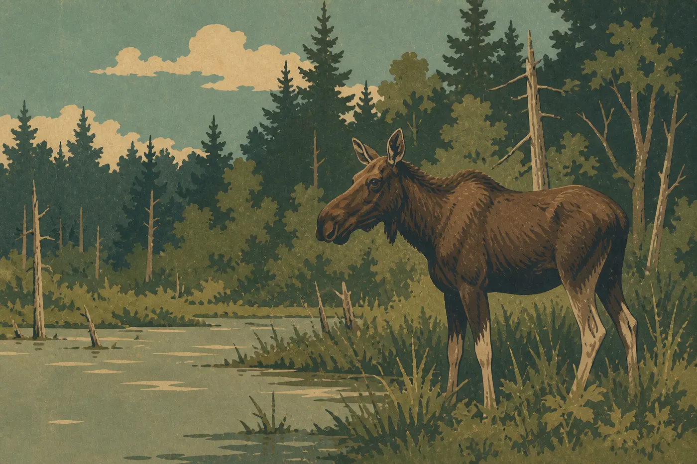 Screen-printed illustration: A solitary moose beside a wooded wetland, a rare but genuine sight in Acadia.