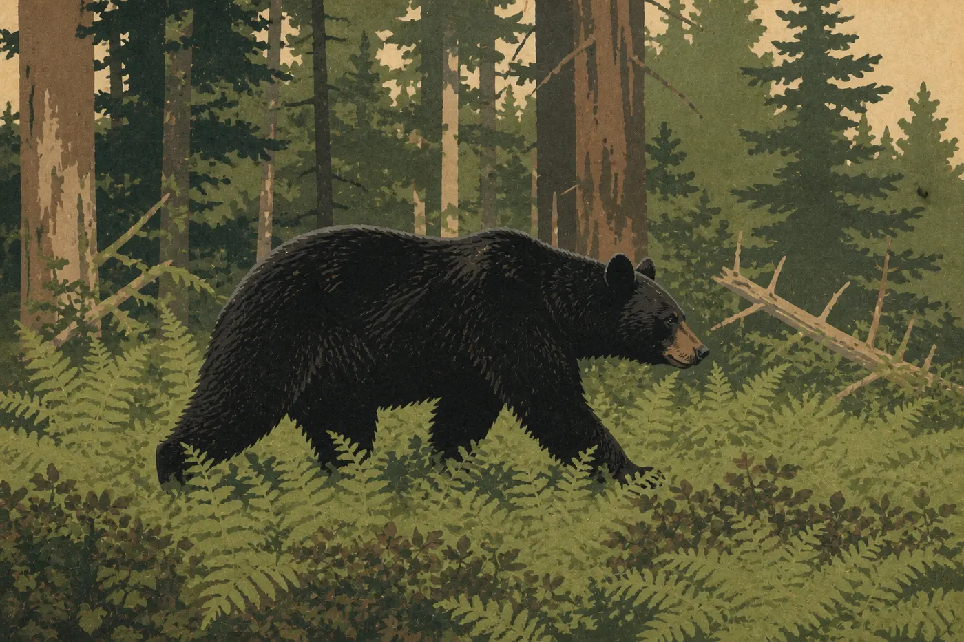 Screen-printed illustration: American black bear crossing a forest clearing on Mount Desert Island among ferns and conifers.
