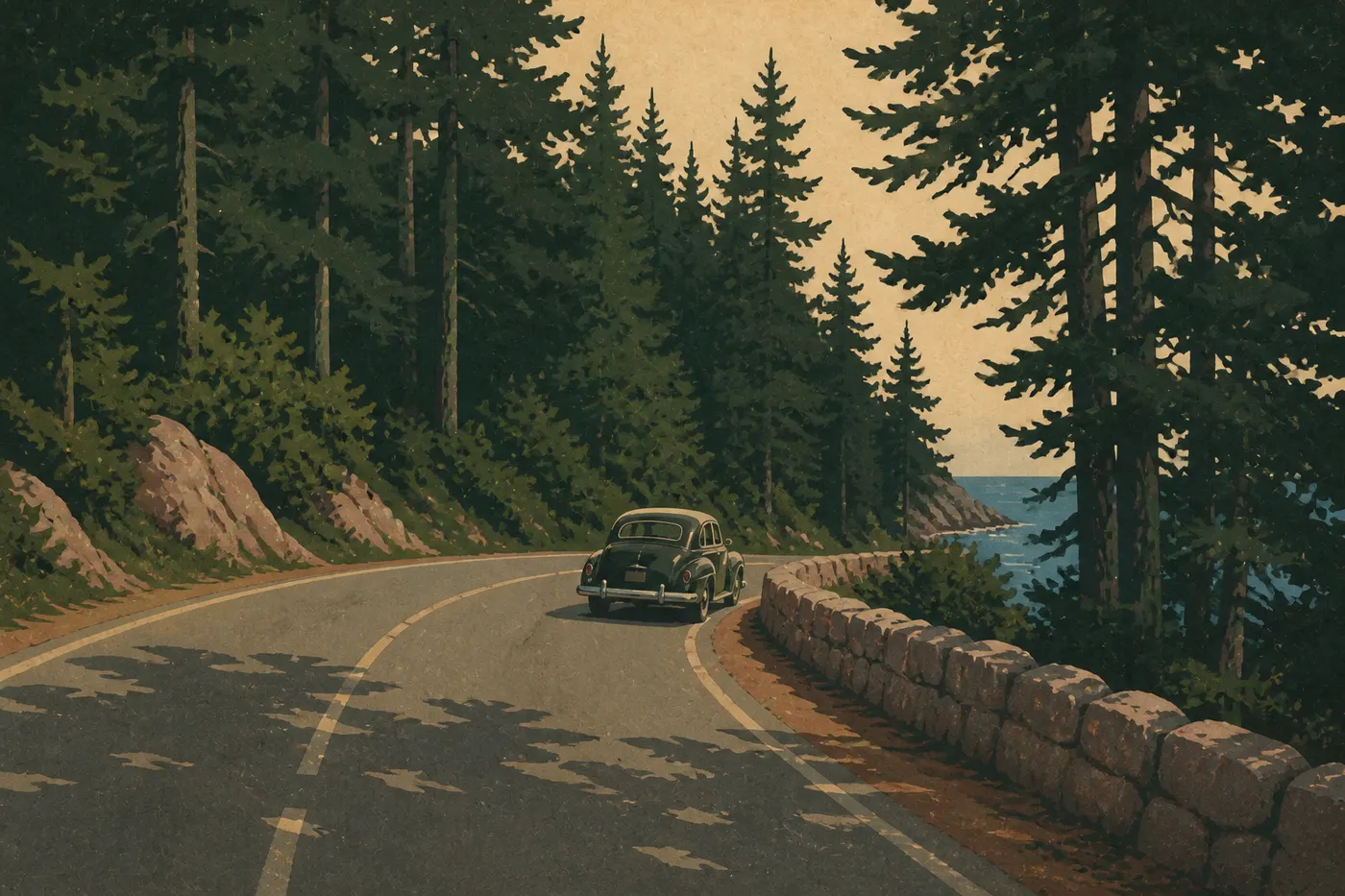 Illustration sérigraphiée : Voiture parcourant Park Loop Road entre forêt de conifères, murets de granit et aperçu sur l’océan