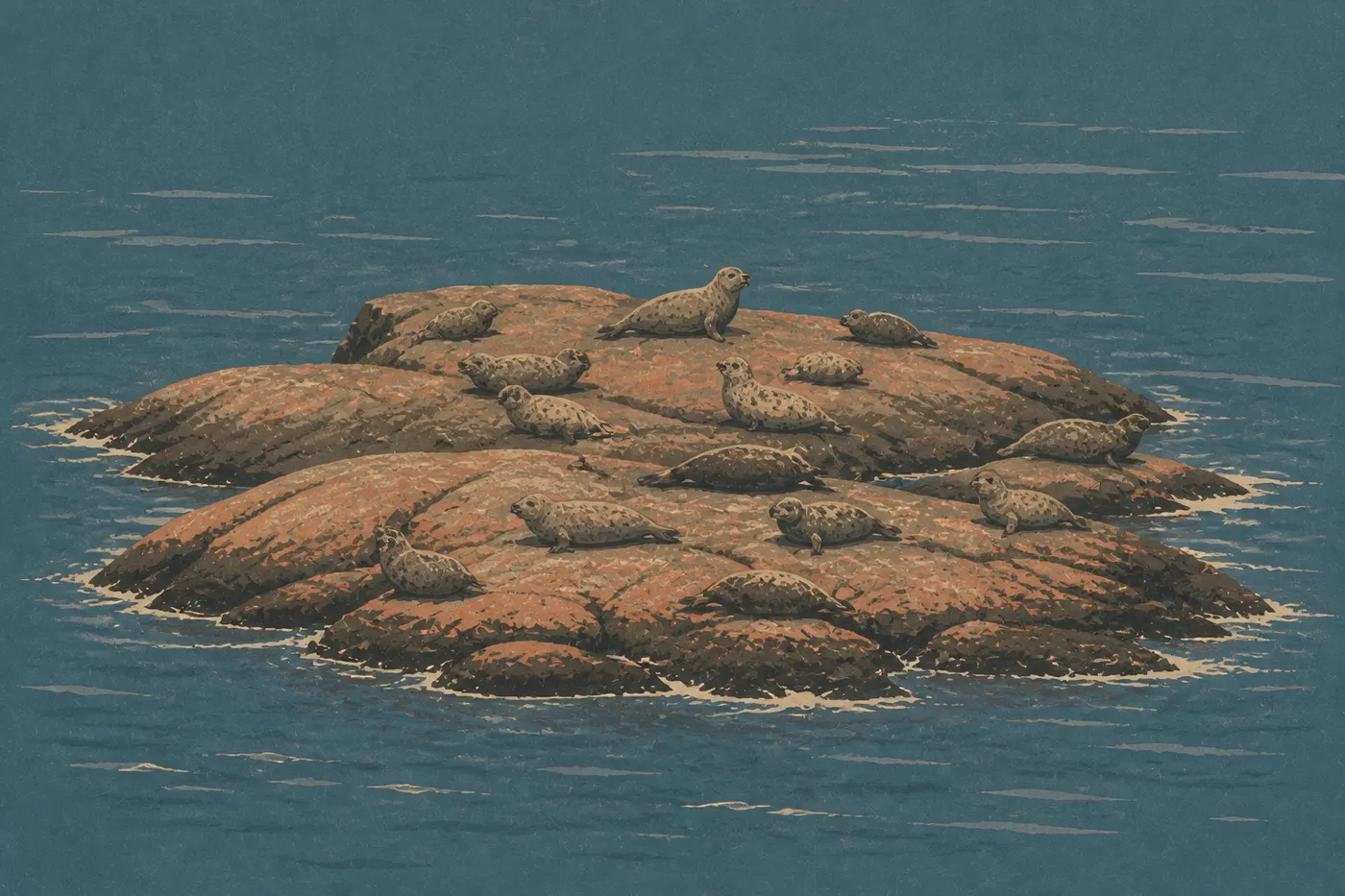 Screen-printed illustration: Harbor and gray seals resting on coastal rocks exposed by the tide in Acadia's waters.