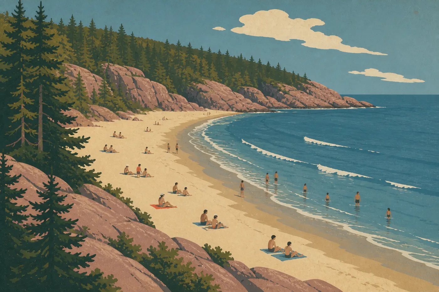 Screen-printed illustration: Swimmers and visitors on Sand Beach between granite cliffs and blue water on a summer day