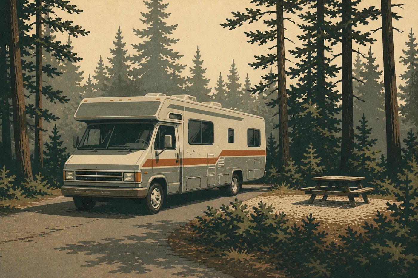Illustration sérigraphiée : Camping-car stationné parmi les conifères sur un emplacement aménagé de Schoodic Woods Campground