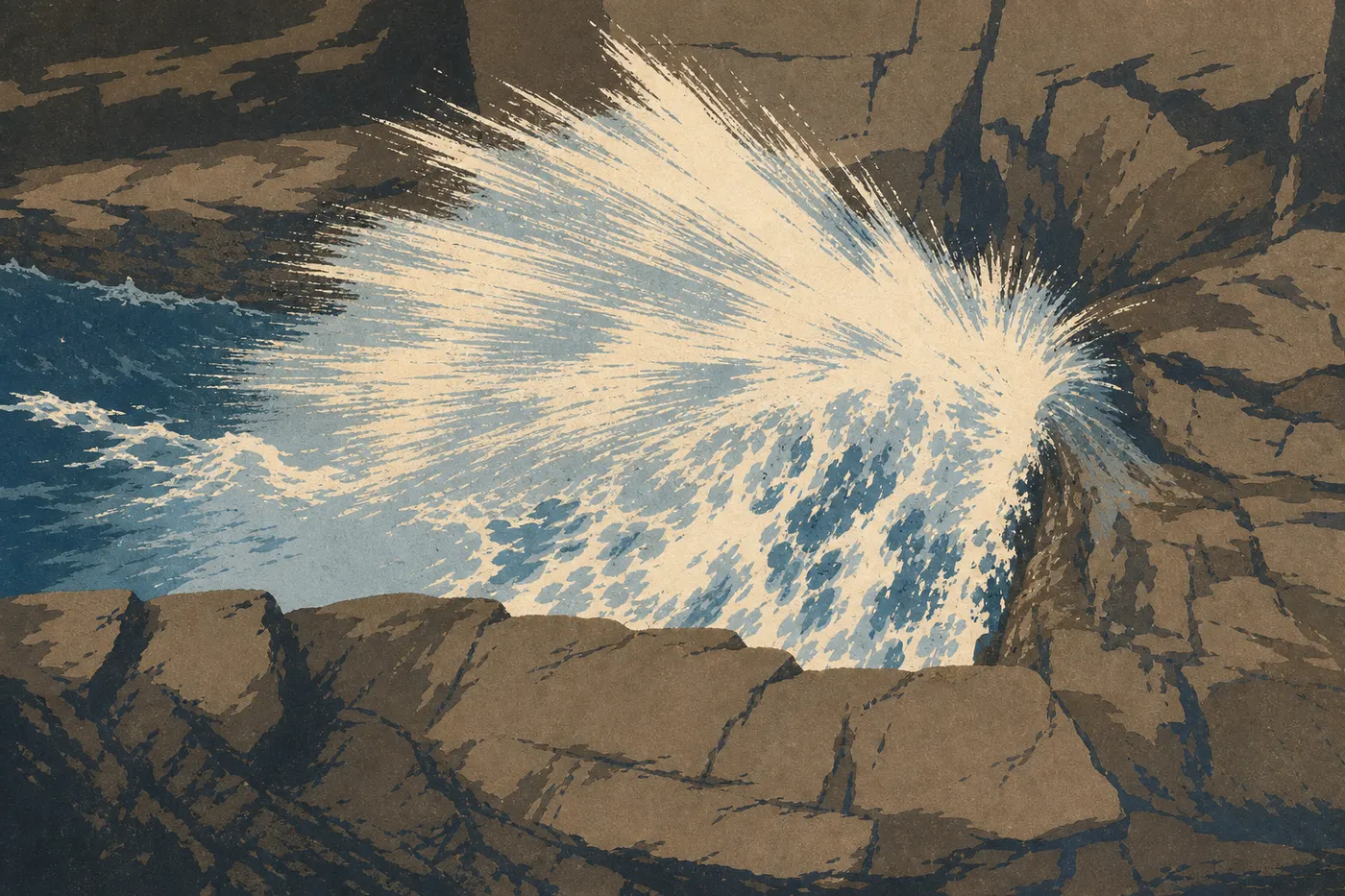 Illustration sérigraphiée : Vagues jaillissant dans la faille rocheuse de Thunder Hole pendant une étape de la boucle panoramique