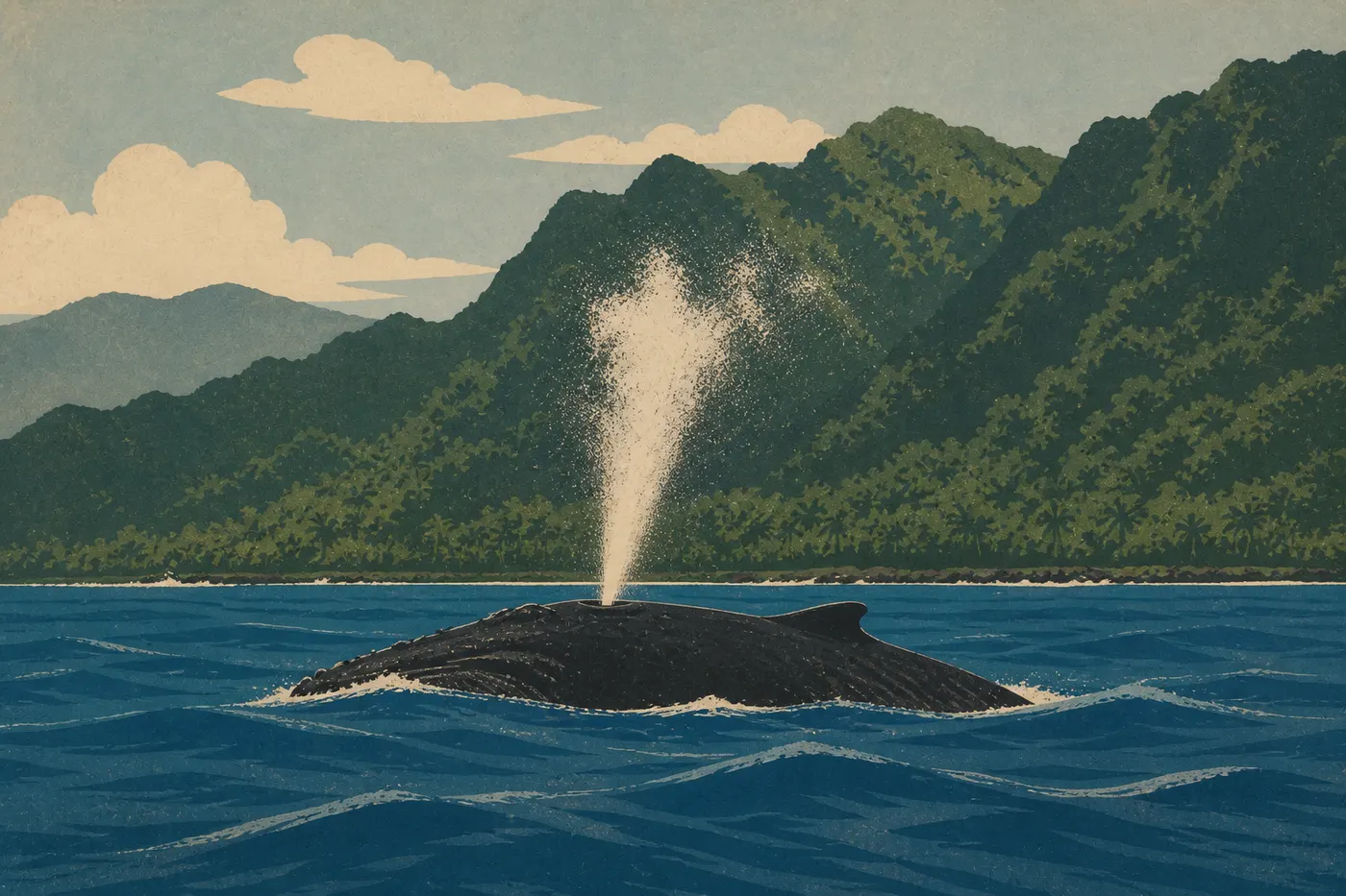 Illustration sérigraphiée : Une baleine à bosse soufflant au large des côtes montagneuses de Tutuila pendant la saison australe