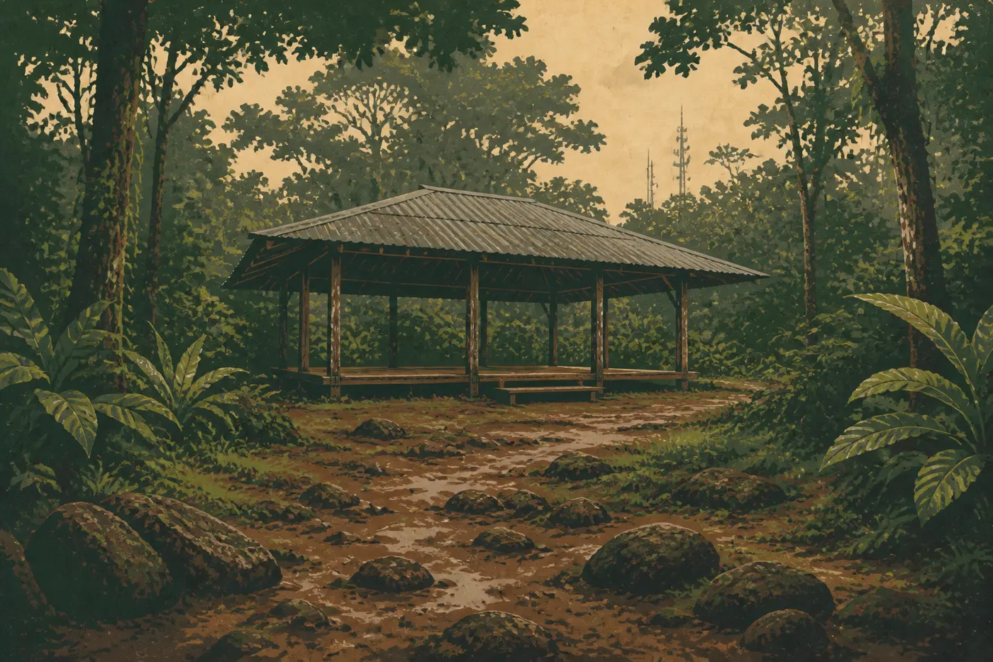 Illustration sérigraphiée : Le fale ouvert du sommet du mont ʻAlava, seul abri rustique au milieu de la forêt