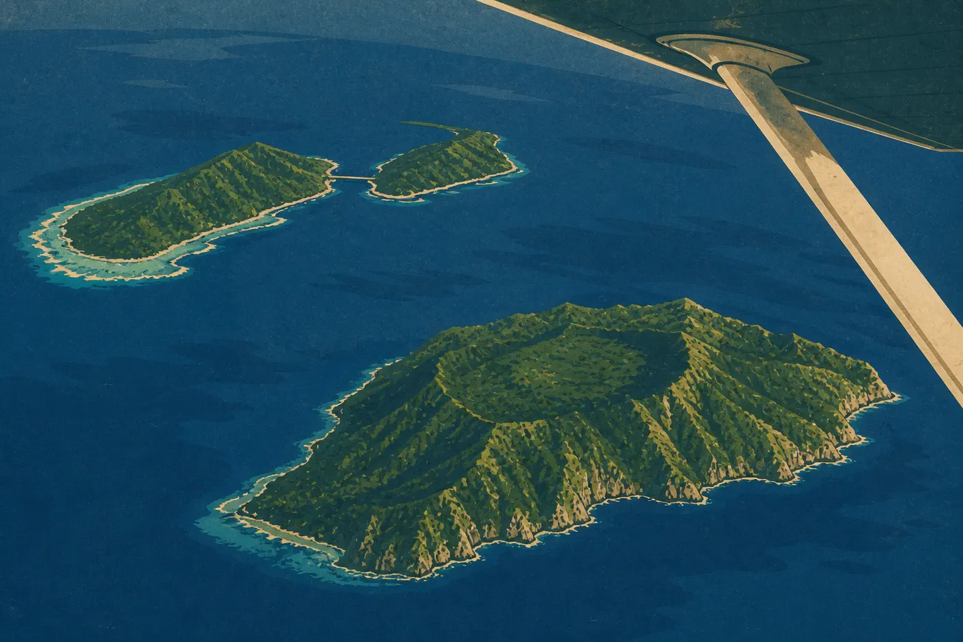 Illustration sérigraphiée : Les îles volcaniques de Manuʻa vues depuis un petit avion, avec Taʻu, Ofu et Olosega