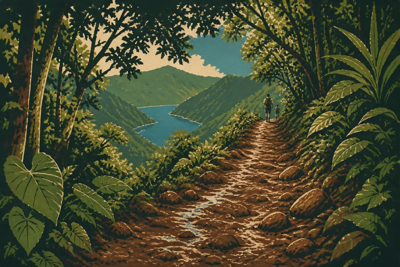 Illustration sérigraphiée : Le Mount ʻAlava Trail gravissant une crête couverte de forêt jusqu’au panorama sur Pago Pago Harbor