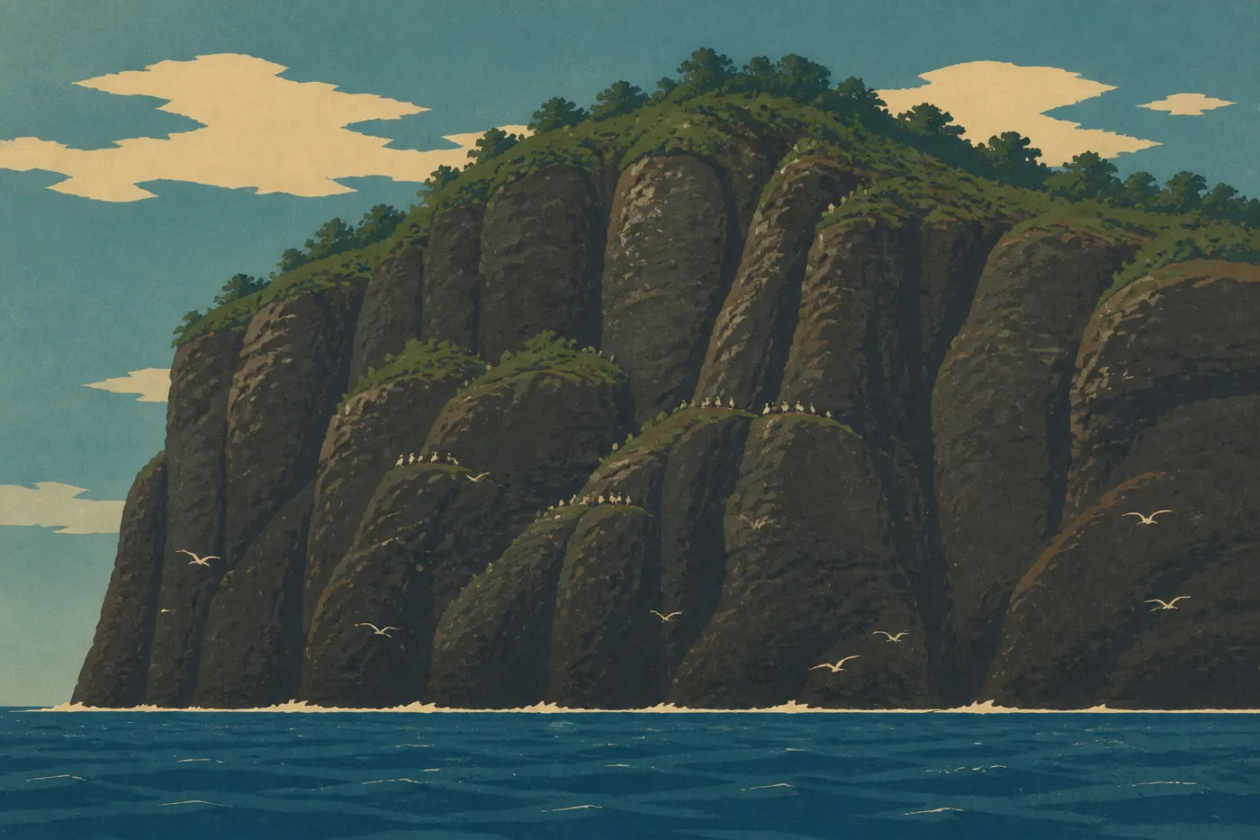 Illustration sérigraphiée : Des oiseaux marins nichant sur les falaises abruptes de Pola Island, face au détroit de Vaiʻava