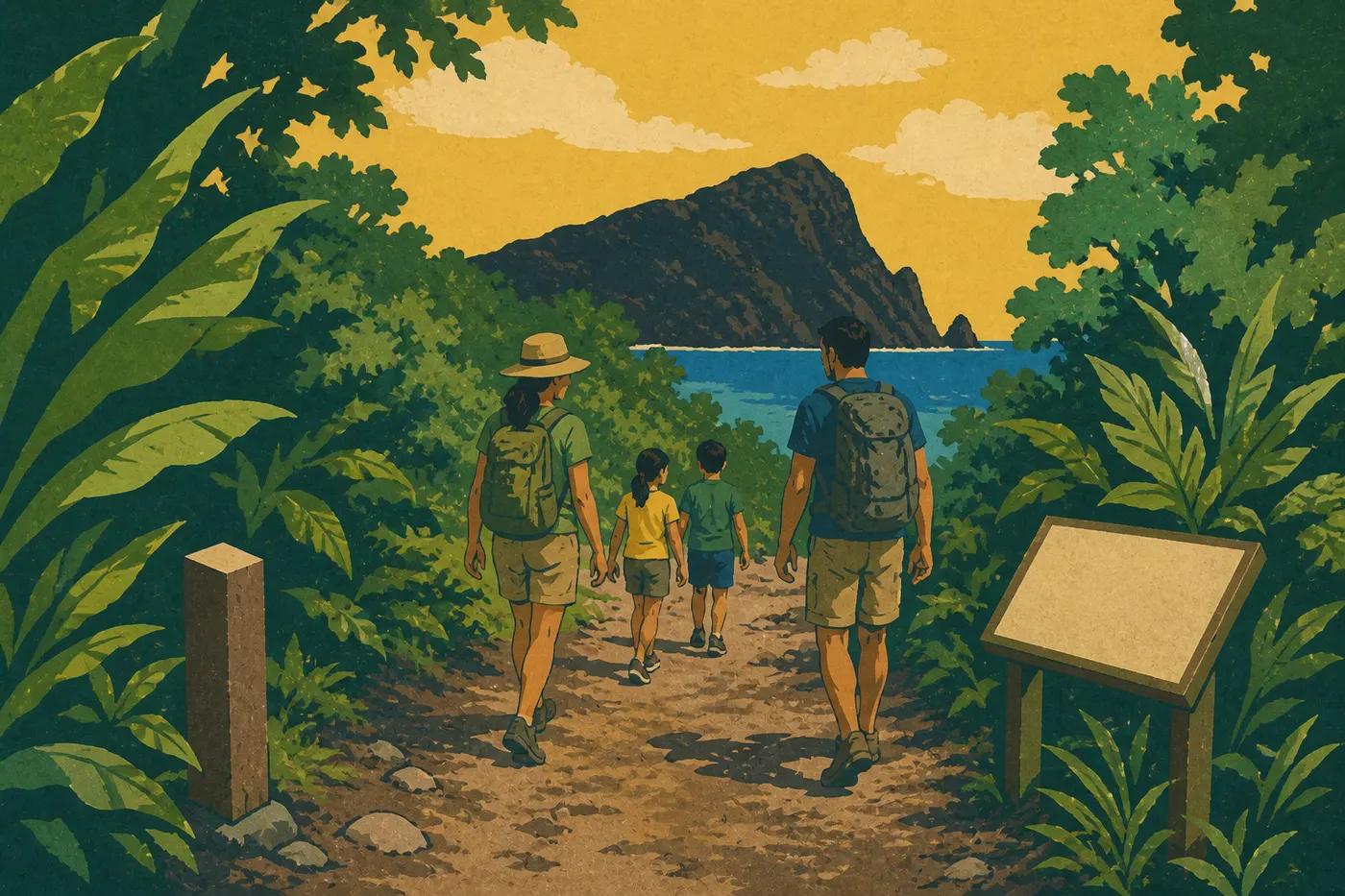 Illustration sérigraphiée : Une famille de visiteurs suivant les balises du court Pola Island Trail près de Vatia