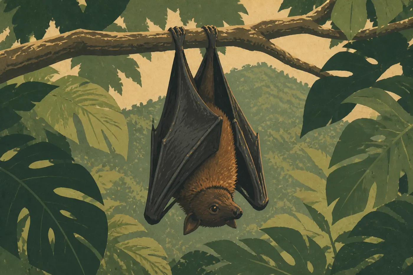Illustration sérigraphiée : Une roussette des Samoa suspendue dans la canopée ou volant de jour au-dessus de la forêt