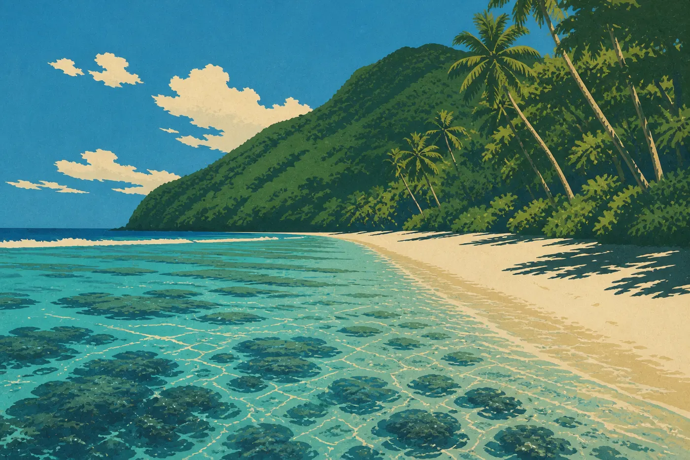 Illustration sérigraphiée : La plage et le récif d’Ofu sous un ciel bleu lumineux durant la saison sèche australe