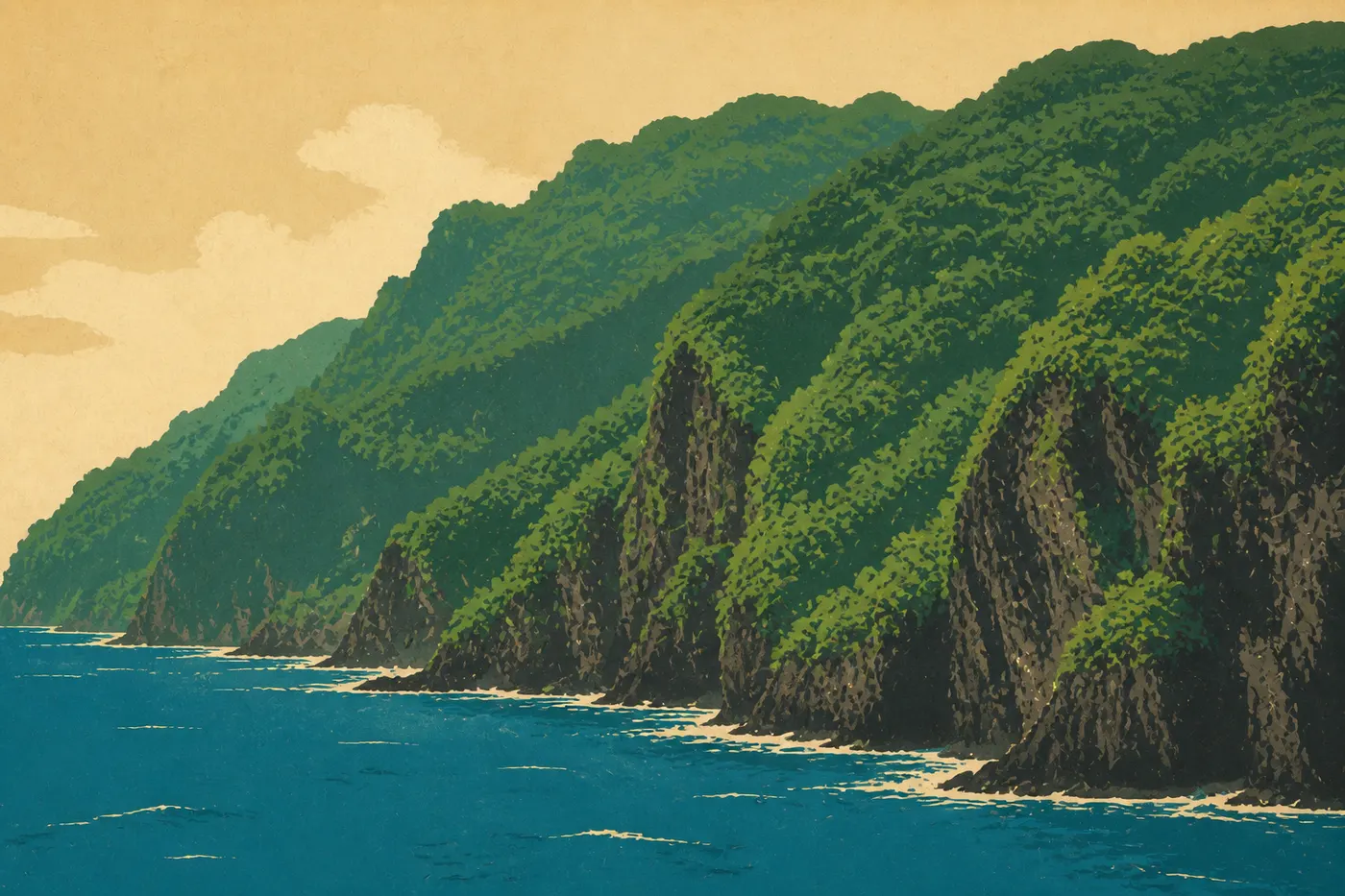 Illustration sérigraphiée : Les hautes falaises volcaniques de Taʻu plongeant dans le Pacifique sous une forêt tropicale ancienne