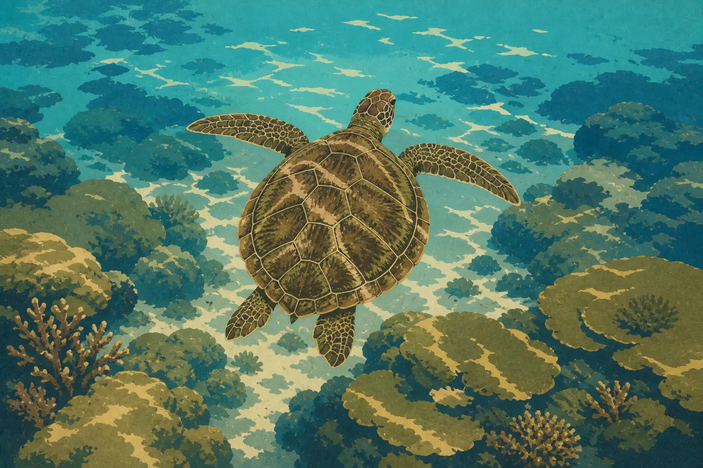Illustration sérigraphiée : Une tortue verte nageant au-dessus des coraux dans les eaux claires du récif d’Ofu