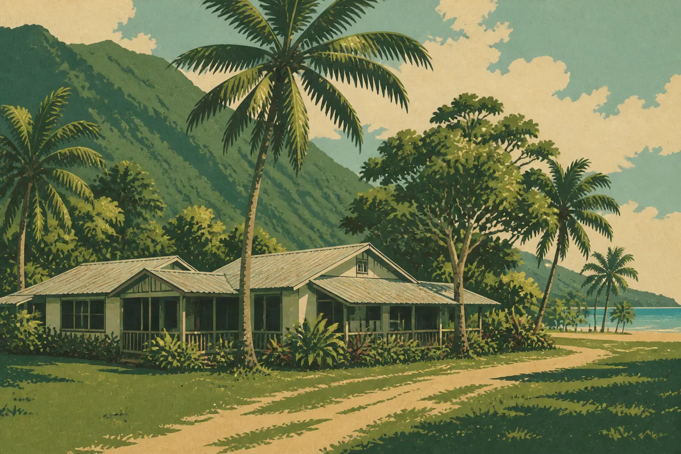 Illustration sérigraphiée : Le Vaoto Lodge d’Ofu entouré de végétation tropicale près de la piste et de la plage