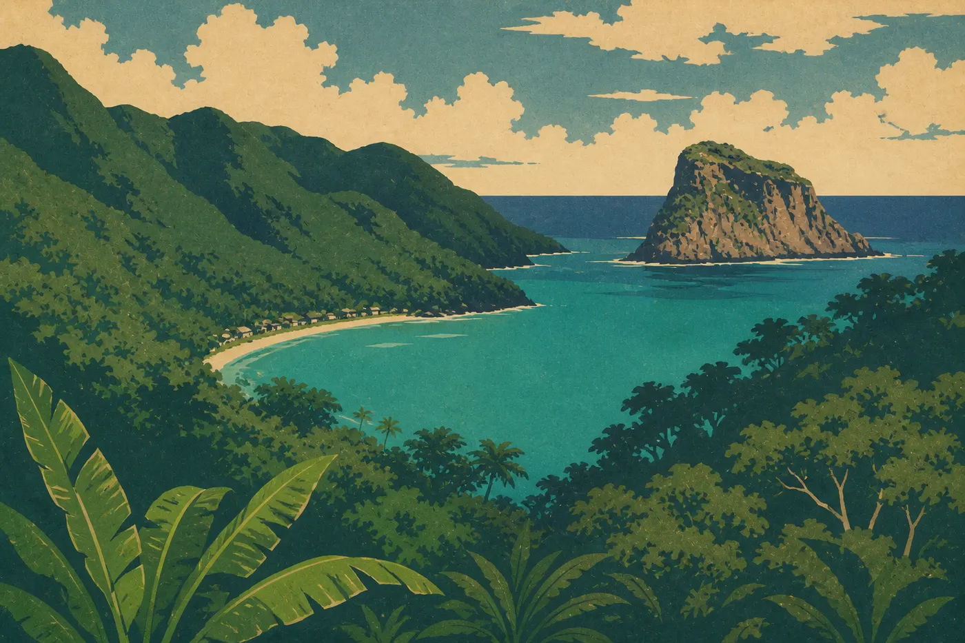 Illustration sérigraphiée : La baie de Vatia encadrée par la forêt tropicale, avec l’aiguille rocheuse de Pola Island au large