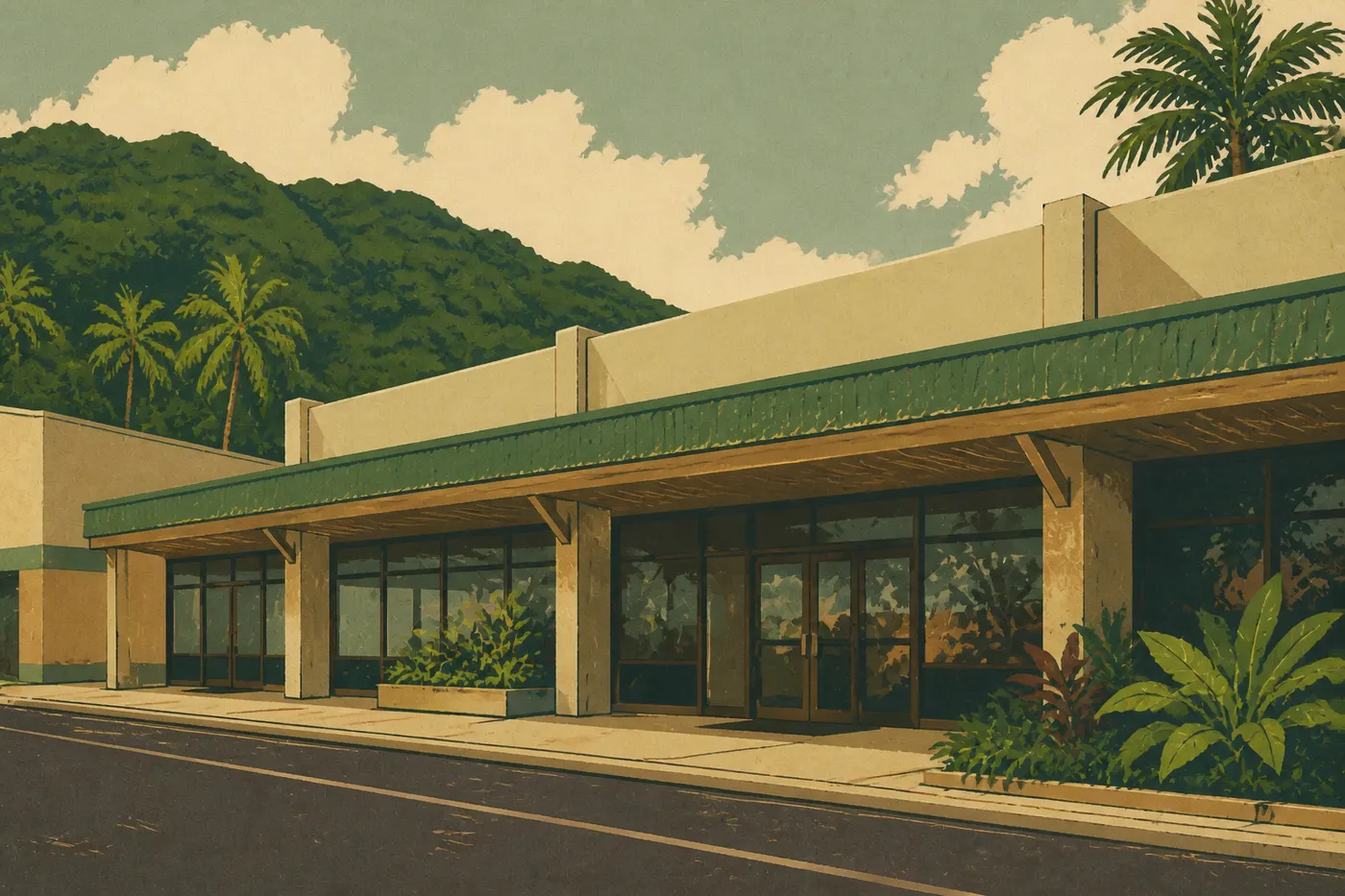 Illustration sérigraphiée : L’entrée du centre d’accueil du parc à Pago Pago avec son enseigne du National Park Service