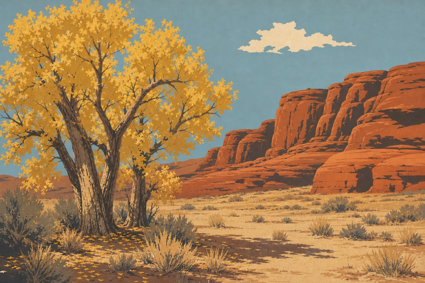 Screen-printed illustration: Golden Fremont cottonwoods at Wolfe Ranch contrast with red sandstone in clear autumn light.