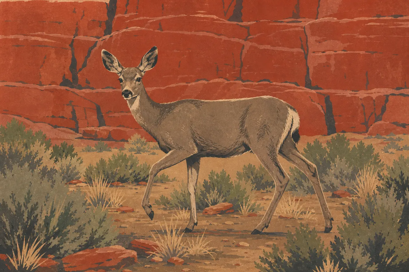 Screen-printed illustration: A mule deer with large ears calmly crosses desert shrubs before a red sandstone wall.