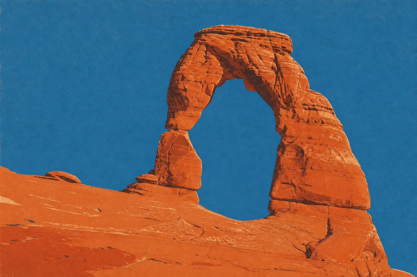 Screen-printed illustration: Delicate Arch stands out beneath an intense blue summer sky in the harsh light of the high desert.