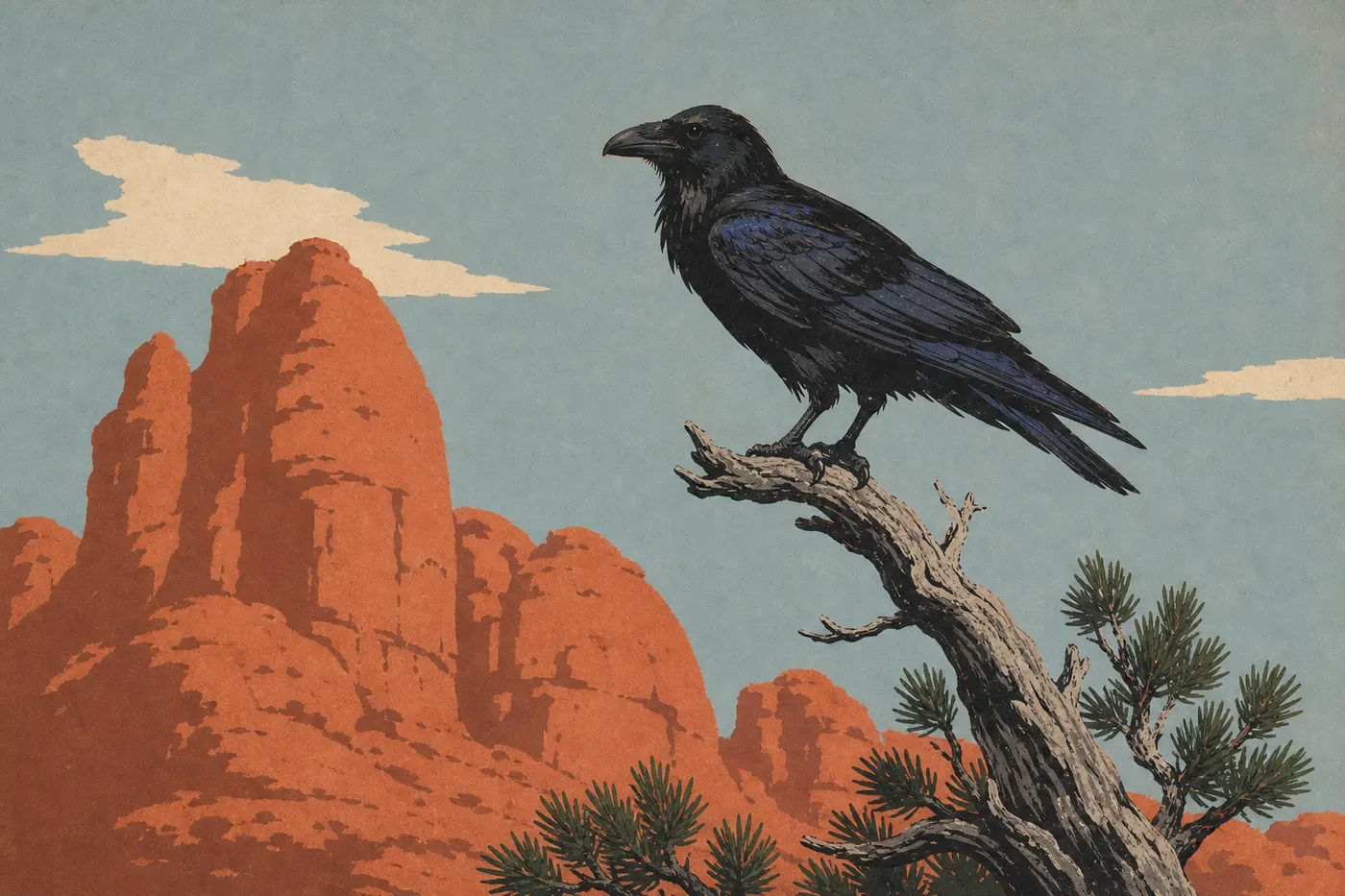 Screen-printed illustration: A common raven perched on a lodgepole pine overlooks the park's red sandstone formations.