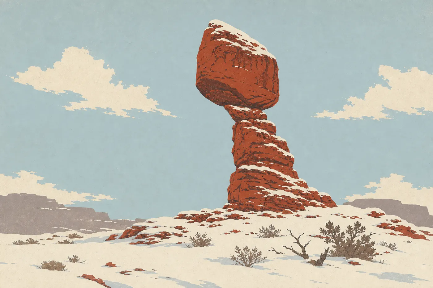 Illustration sérigraphiée : Balanced Rock couvert de neige rougeoyante se détache dans le calme d'un paysage désertique hivernal entièrement blanchi.
