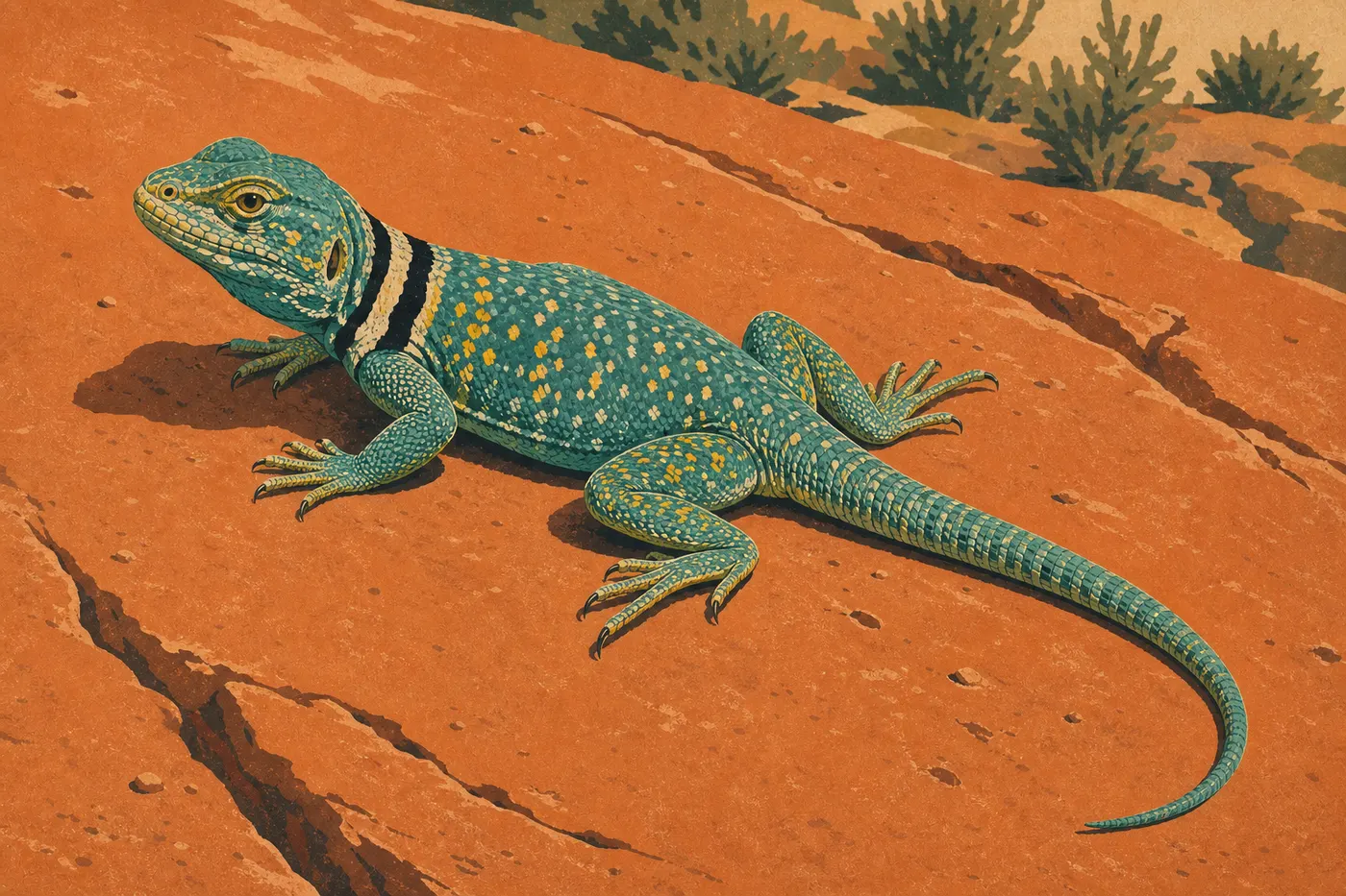 Screen-printed illustration: A brightly colored collared lizard basks on an orange sandstone slab.