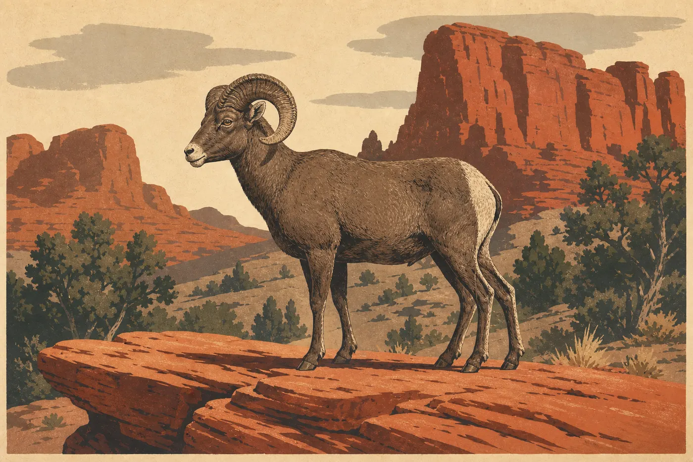 Illustration sérigraphiée : Un mouflon d'Amérique mâle se tient sur une corniche rocheuse parmi les falaises rouges et les genévriers du parc.