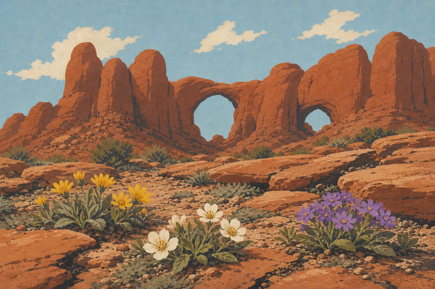 Screen-printed illustration: Spring wildflowers color the rocky foreground before the arches and fins of the Windows Section.