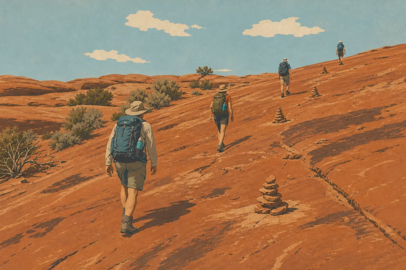 Illustration sérigraphiée : Des randonneurs suivent la dalle de slickrock balisée du Delicate Arch Trail au-dessus de Wolfe Ranch.