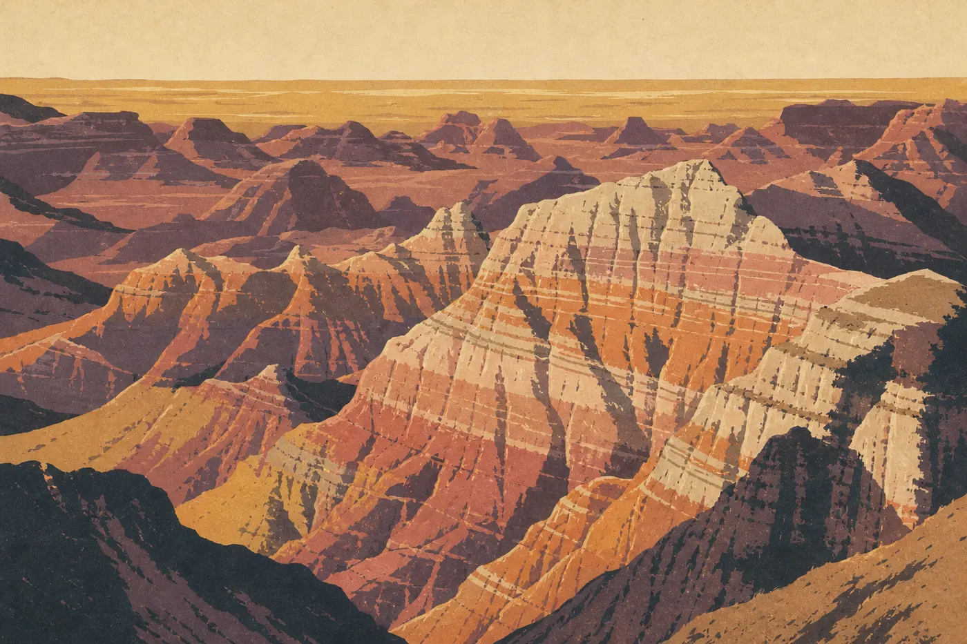 Screen-printed illustration: Low autumn light illuminates the ocher and pink bands of the formations at Pinnacles Overlook.
