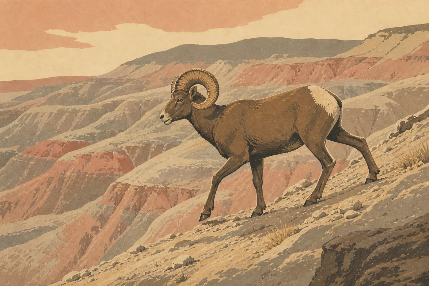 Illustration sérigraphiée : Un mouflon des Rocheuses adulte avance sur les roches friables et stratifiées de Cedar Pass.