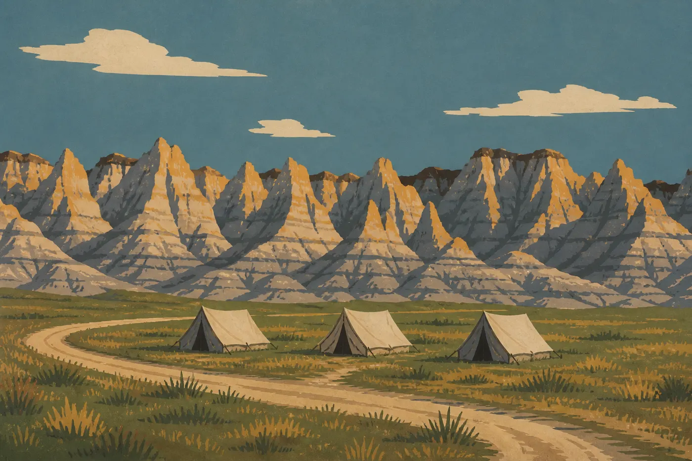 Illustration sérigraphiée : Tentes et camping-cars occupent Cedar Pass Campground sous les formations rocheuses dominant le secteur aménagé.