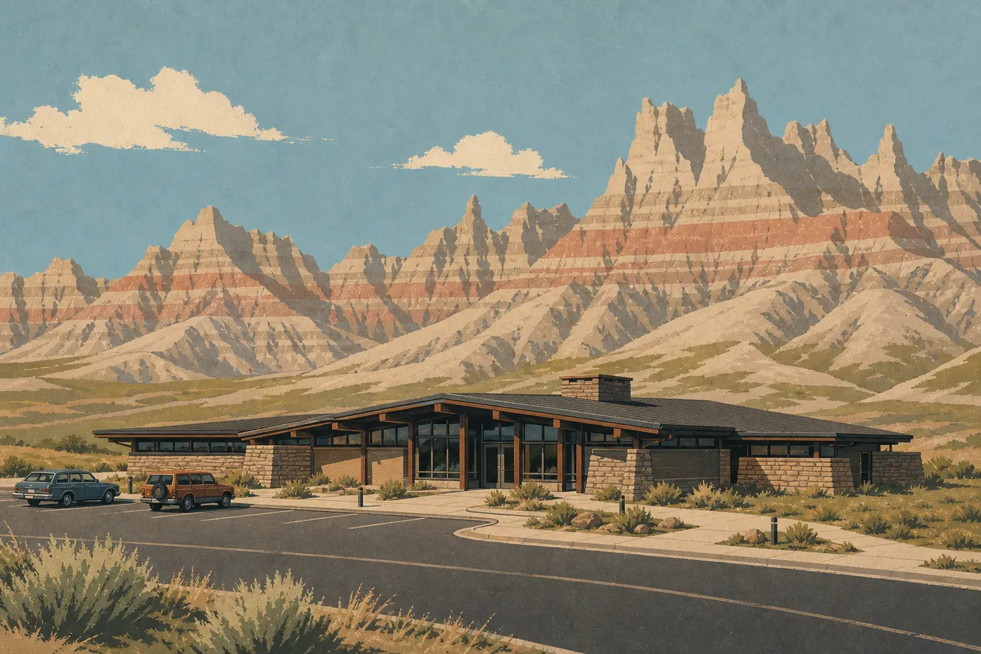 Screen-printed illustration: Ben Reifel Visitor Center stands below the layered formations of the Cedar Pass area.