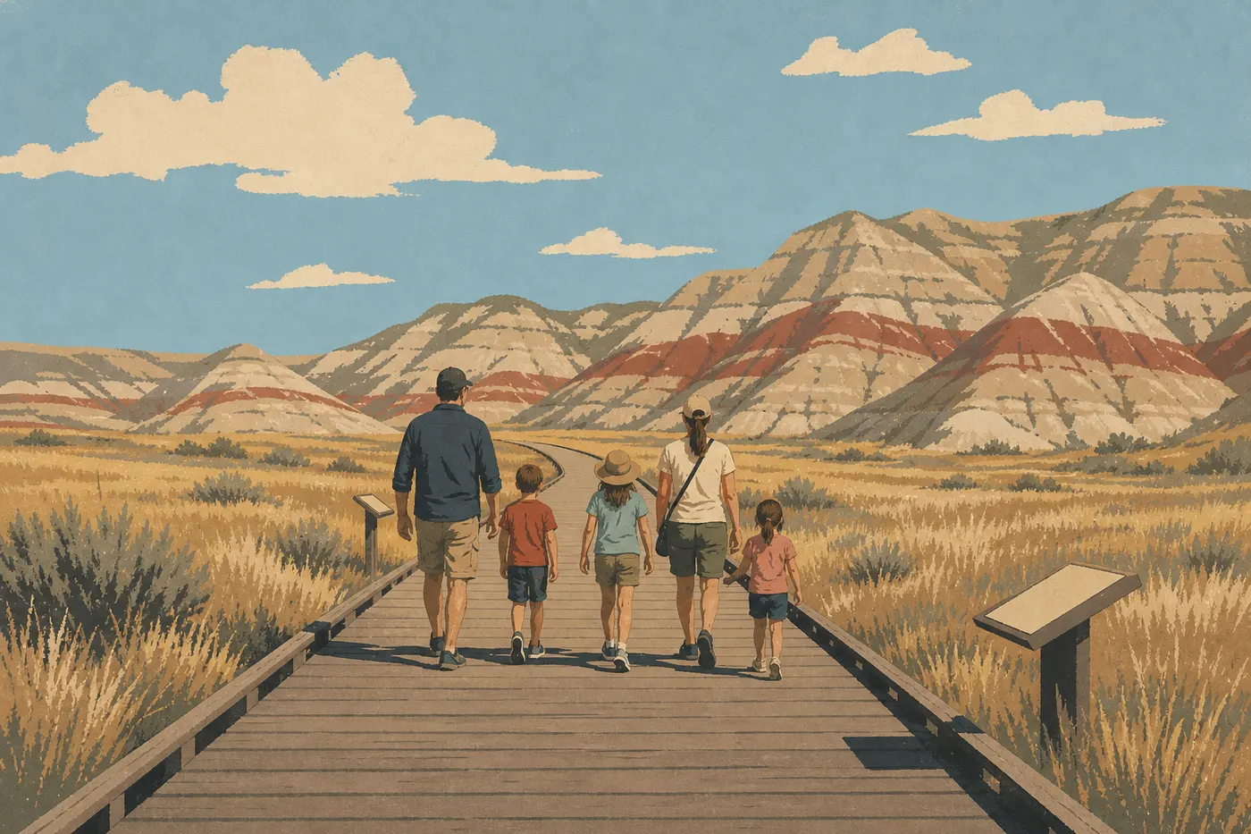 Illustration sérigraphiée : Une famille parcourt la passerelle accessible du Fossil Exhibit Trail parmi la prairie et les reliefs érodés.