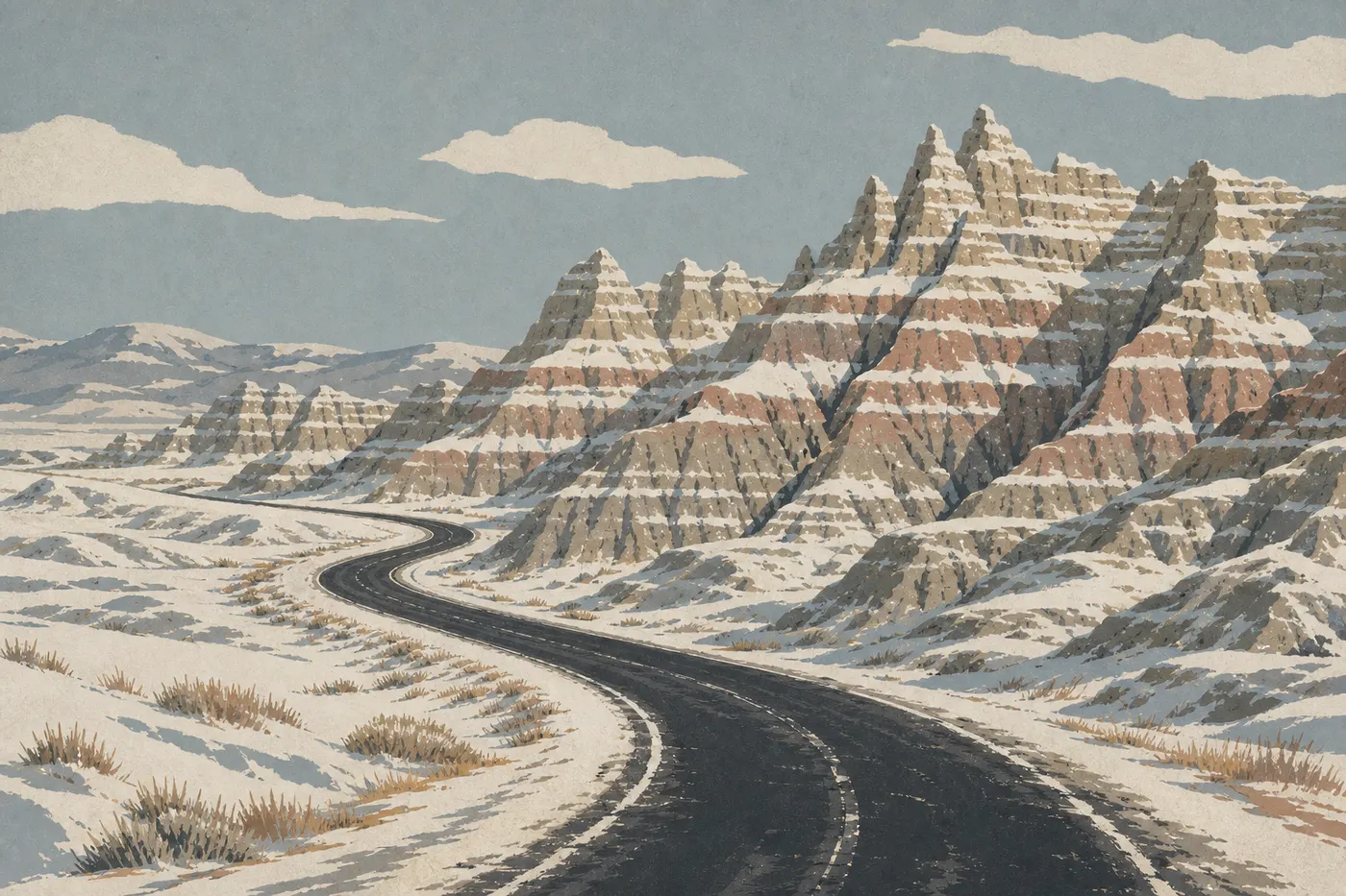Screen-printed illustration: Snow highlights every layer of the pinnacles as an empty road crosses the Badlands in winter.