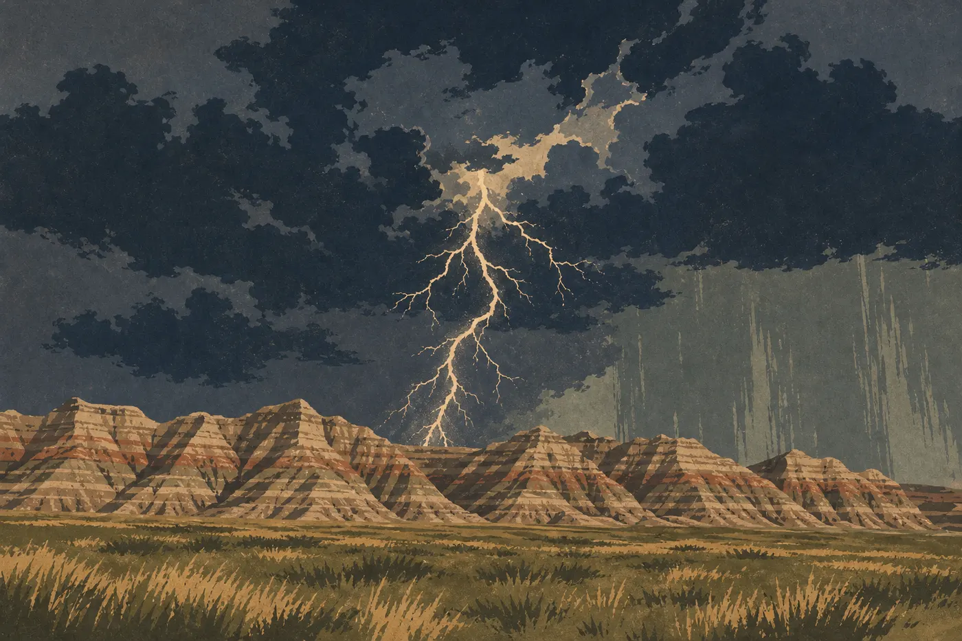 Illustration sérigraphiée : Un orage spectaculaire déploie ses nuages sombres et ses éclairs au-dessus des buttes de Cedar Pass.