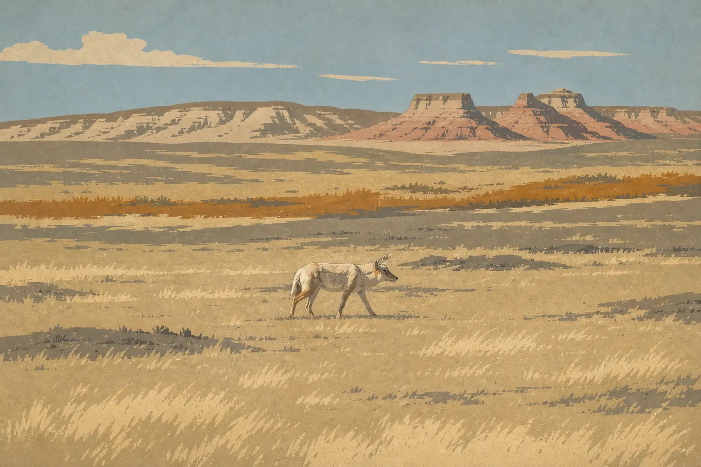Screen-printed illustration: A pronghorn crosses the short prairie grass, with eroded buttes in the background