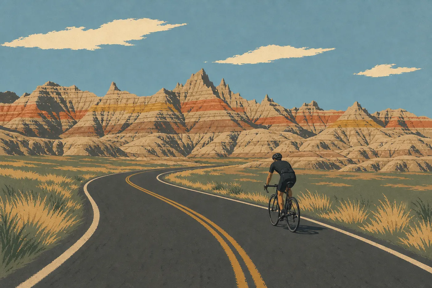 Illustration sérigraphiée : Un cycliste longe les courbes de la Badlands Loop Road entre prairie mixte et pinacles stratifiés.