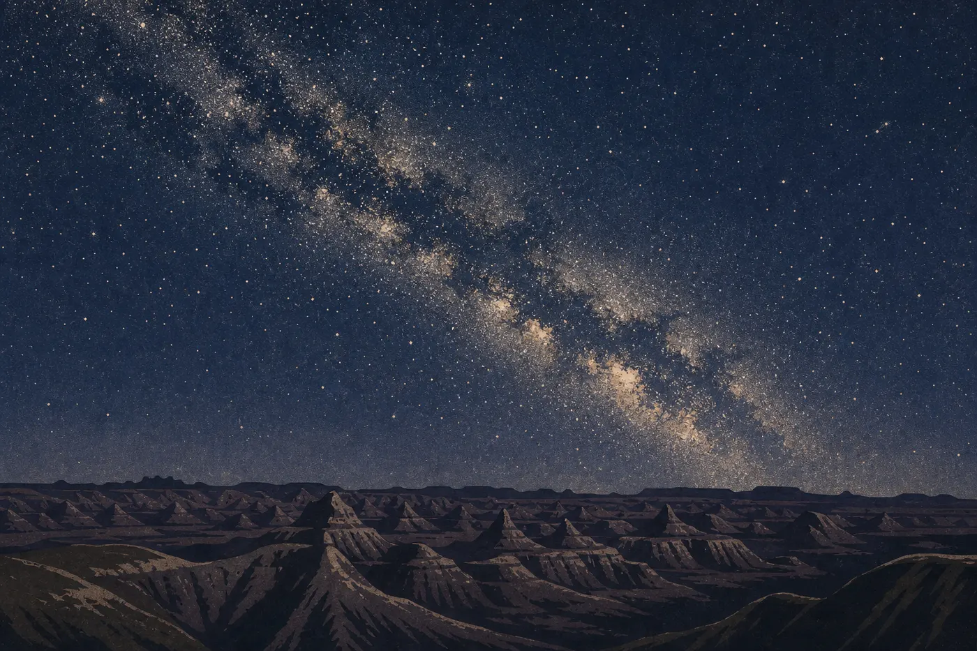 Illustration sérigraphiée : La Voie lactée forme une arche lumineuse au-dessus des silhouettes dentelées de Big Badlands Overlook.