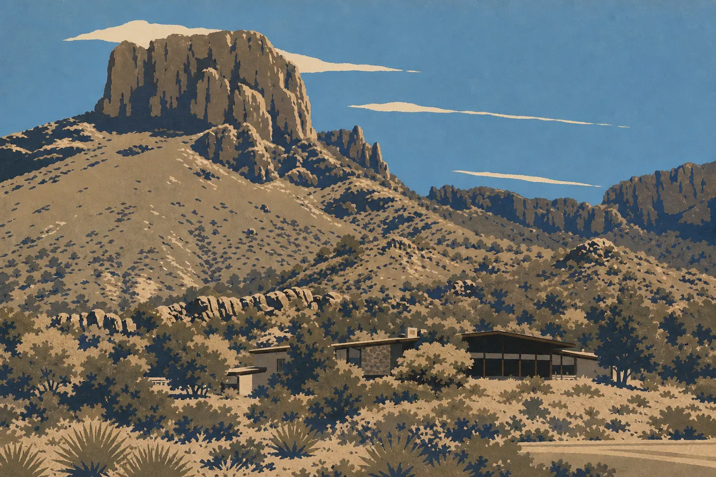 Illustration sérigraphiée : Les bâtiments du Chisos Mountains Lodge au pied de Casa Grande, baignés par la lumière du soir.
