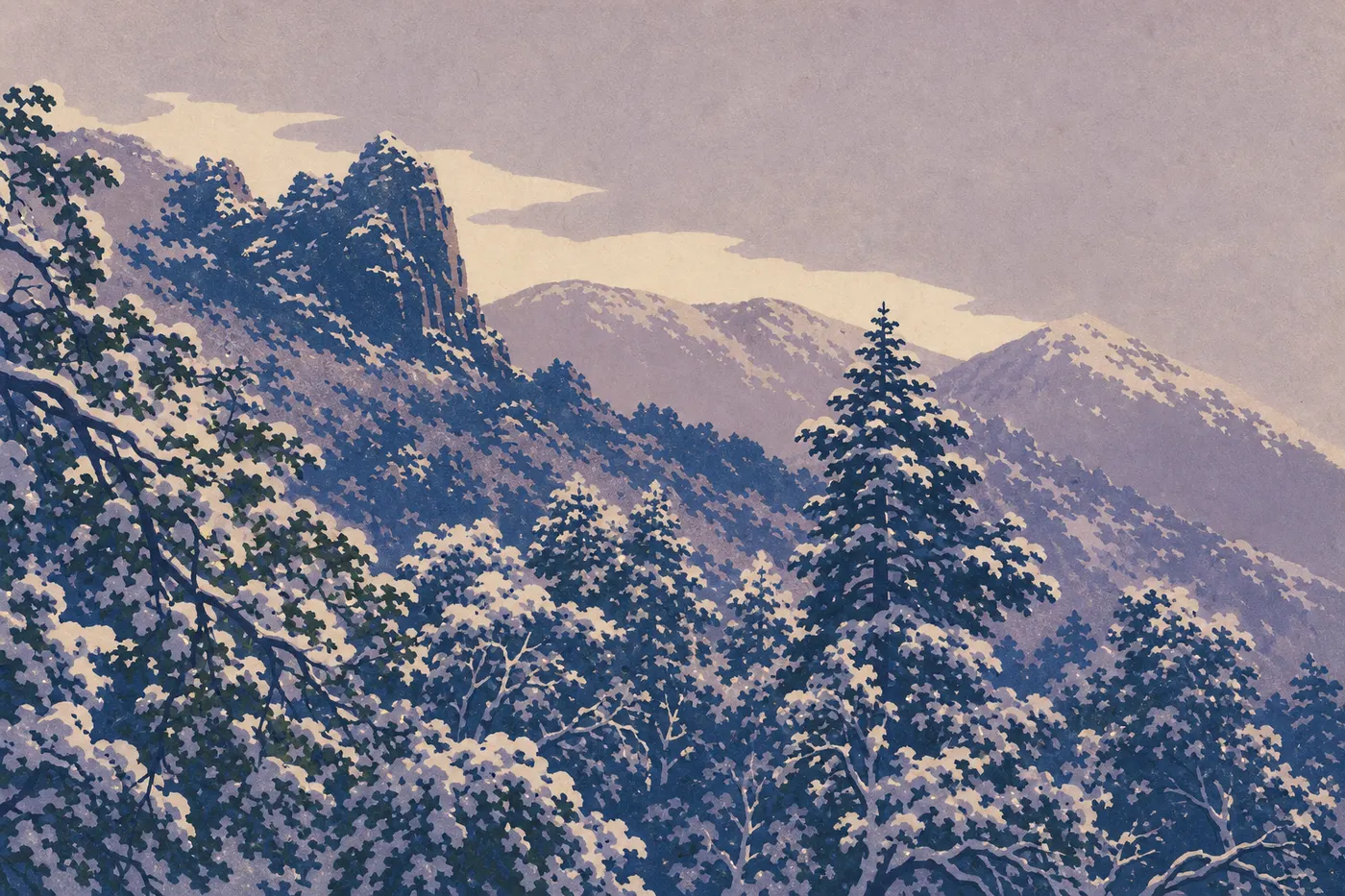Screen-printed illustration: Snow-dusted peaks of the Chisos Mountains above a bright, silent winter desert.