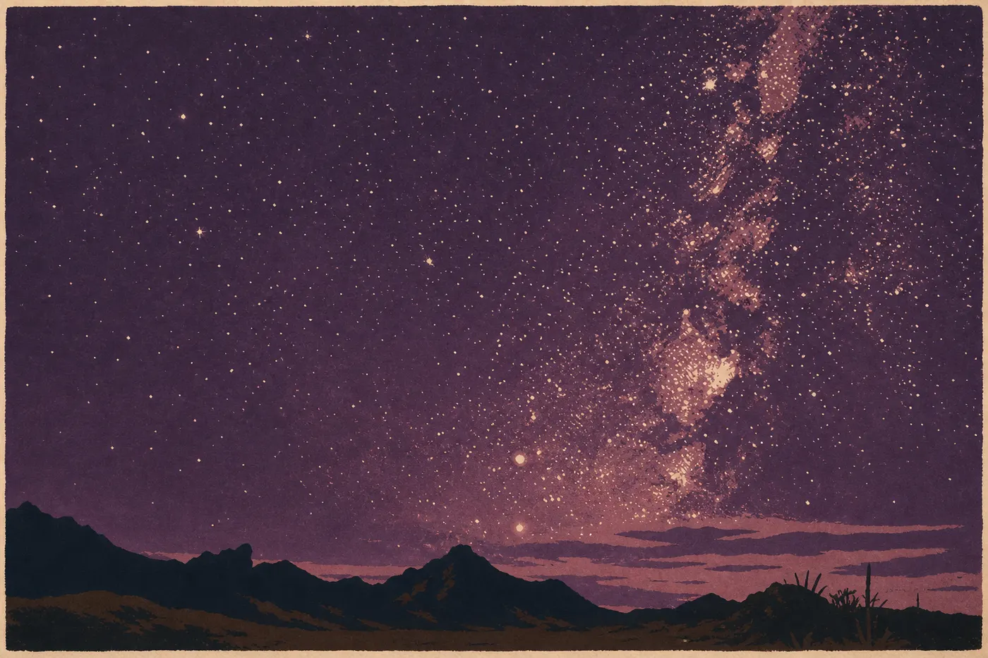 Illustration sérigraphiée : La Voie lactée déployée au-dessus des silhouettes dentelées des Chisos Mountains et du désert nocturne.