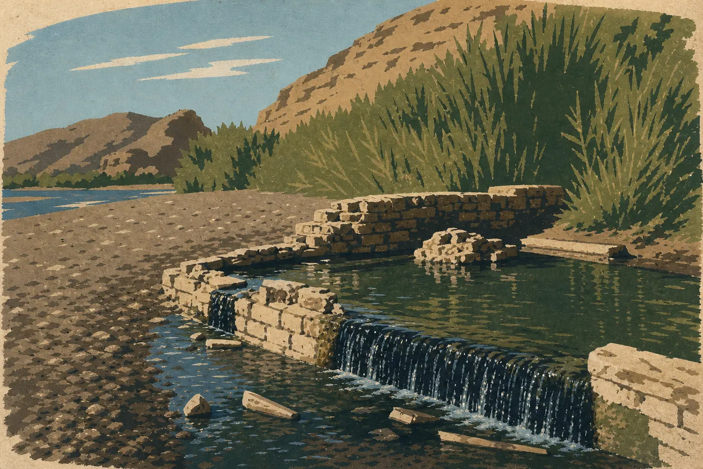 Illustration sérigraphiée : Les bassins de Langford Hot Springs au bord du Rio Grande, face aux falaises du Mexique.