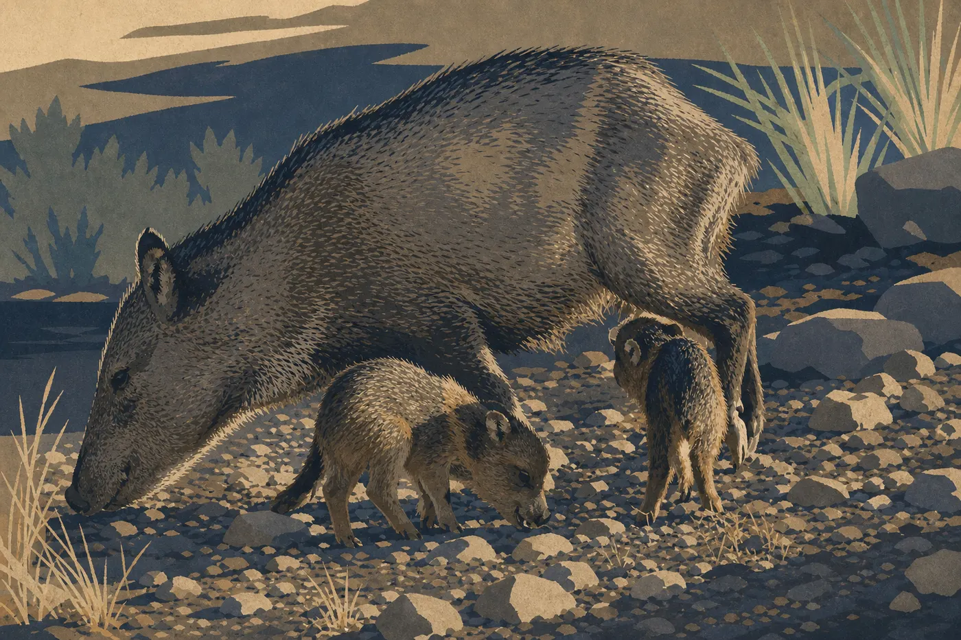 Screen-printed illustration: A group of collared peccaries crosses desert scrub near a shady watering hole.