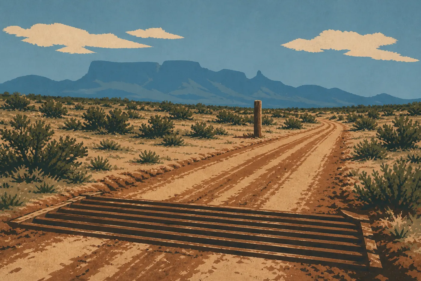 Illustration sérigraphiée : La route désertique menant au panneau de Maverick Entrance Station, encadrée d’ocotillos et de montagnes lointaines.